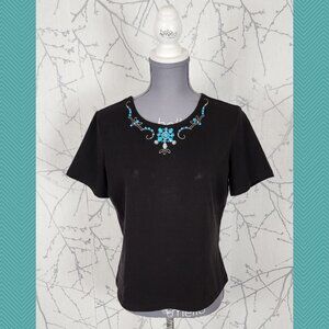 City Girl Nancy Bolen Black Cotton Turquoise Embellished Top
